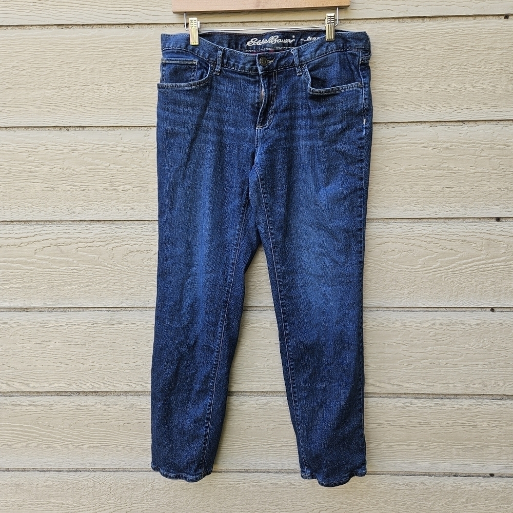 Eddie Bauer dark wash flannel-lined boyfriend jeans size 10 30 inch inseam